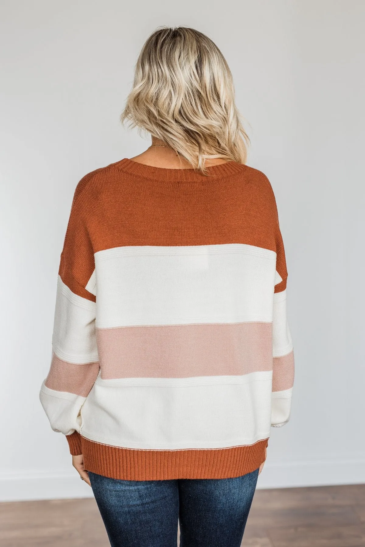 Absolutely Lovely Color Block Sweater- Rust