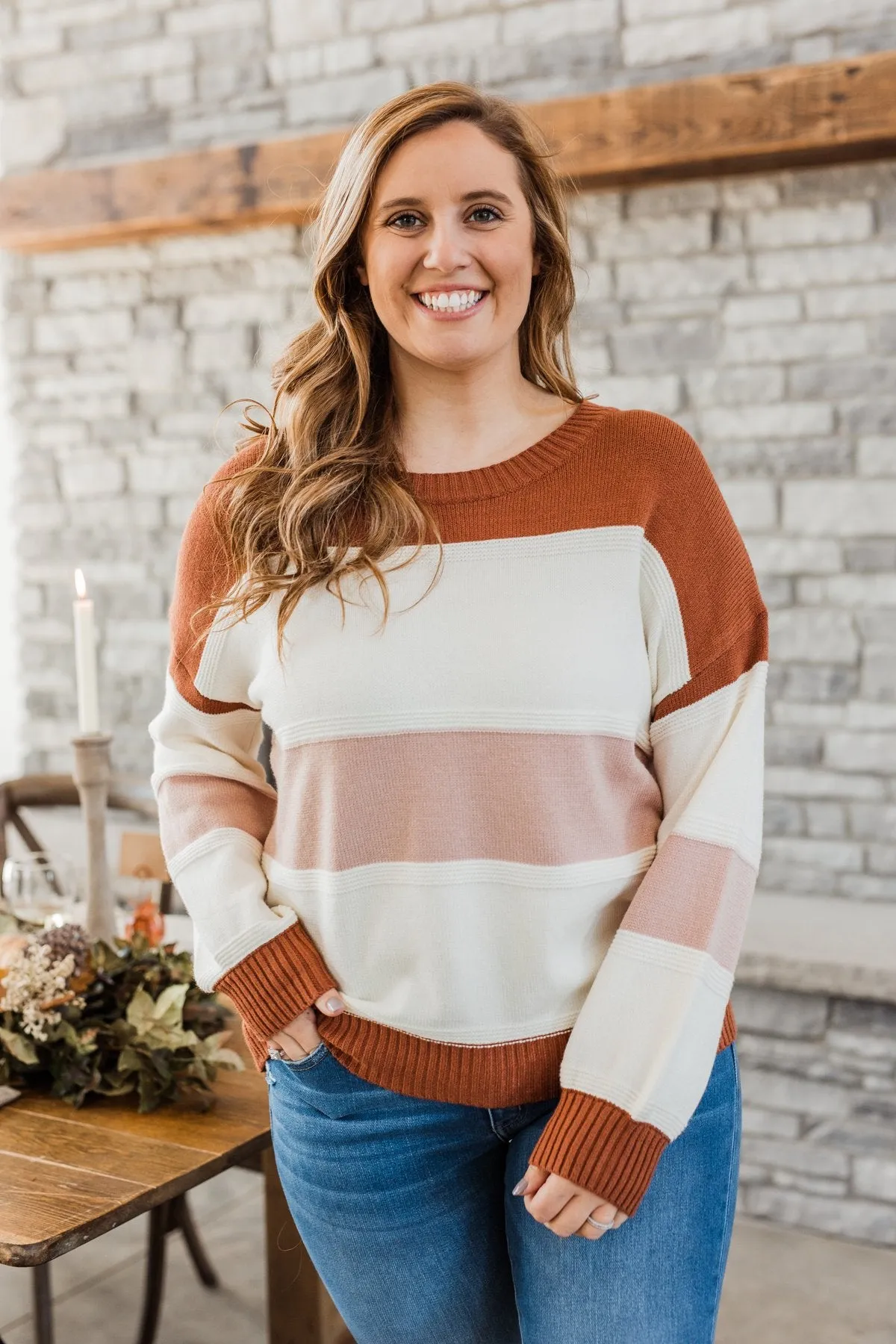 Absolutely Lovely Color Block Sweater- Rust