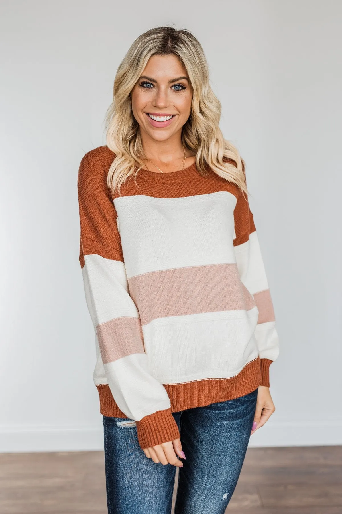 Absolutely Lovely Color Block Sweater- Rust