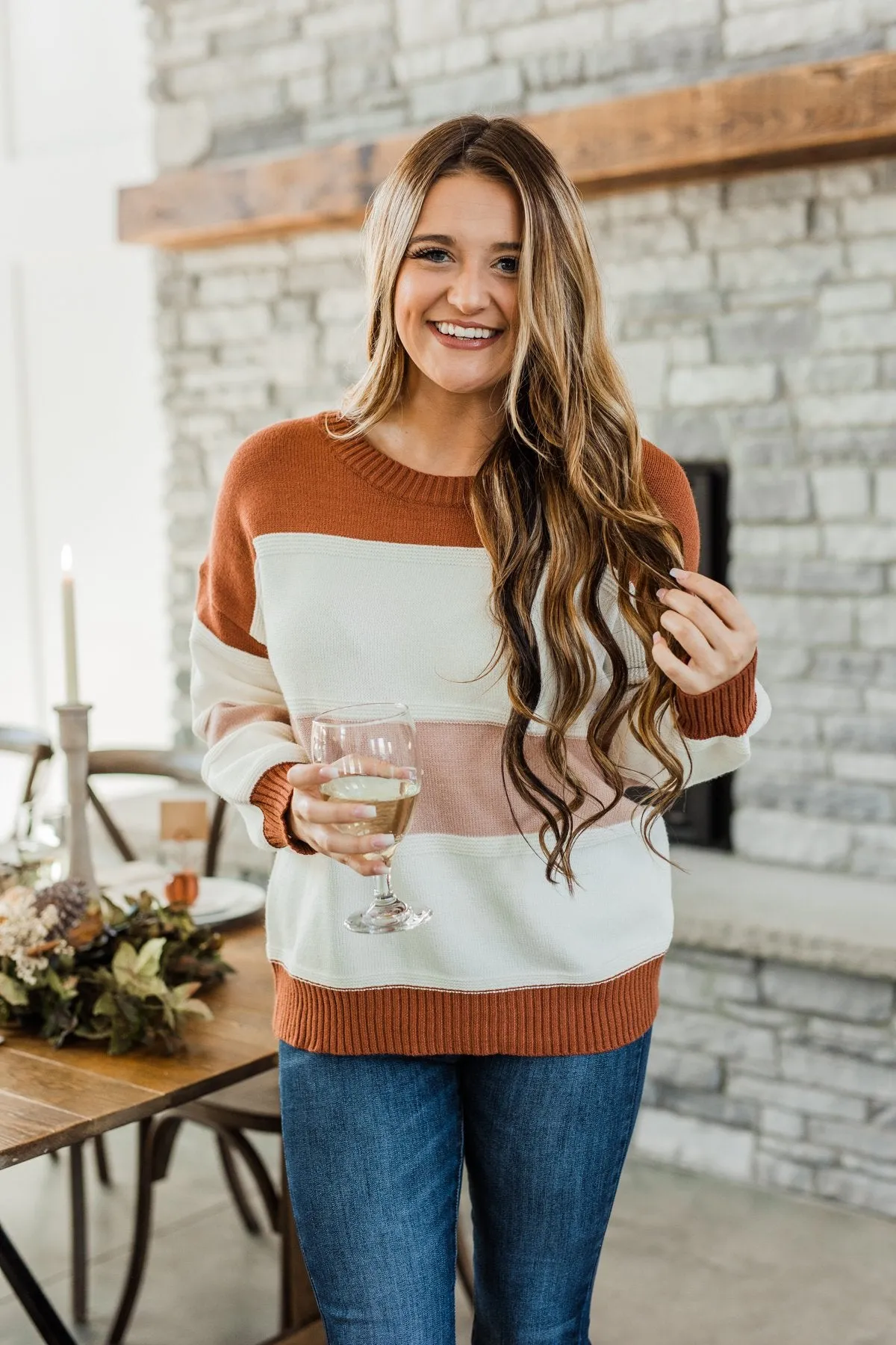 Absolutely Lovely Color Block Sweater- Rust