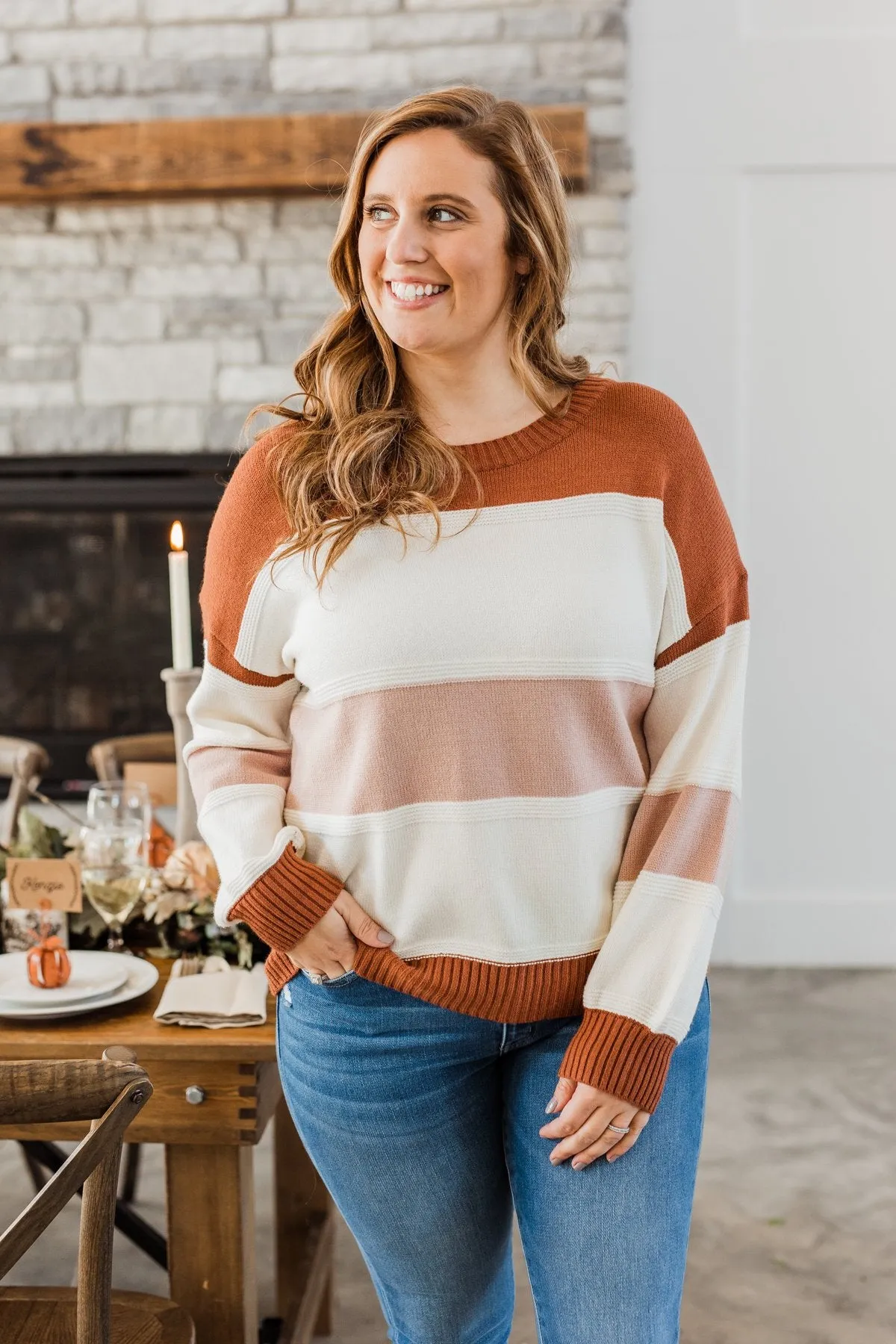 Absolutely Lovely Color Block Sweater- Rust