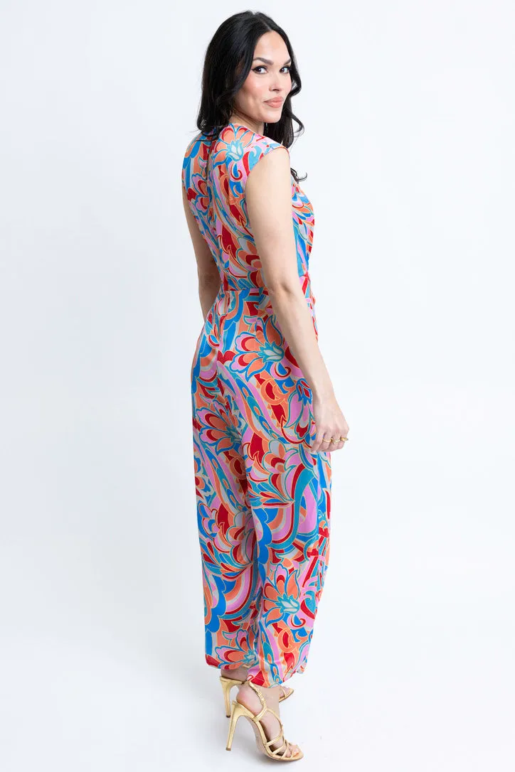 Abstract Satin Wrap Jumpsuit