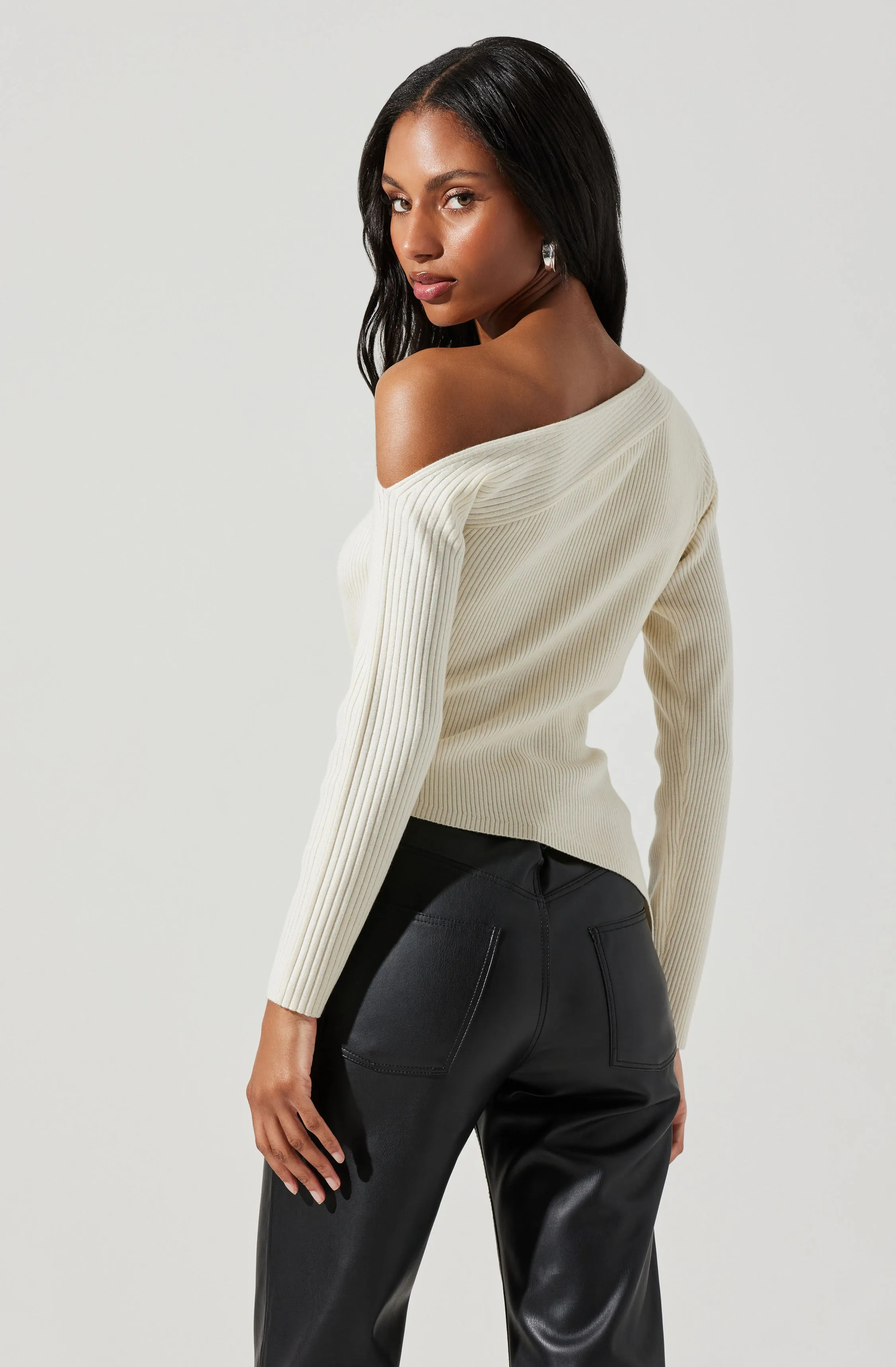 Aldari Off Shoulder Ribbed Knit Sweater