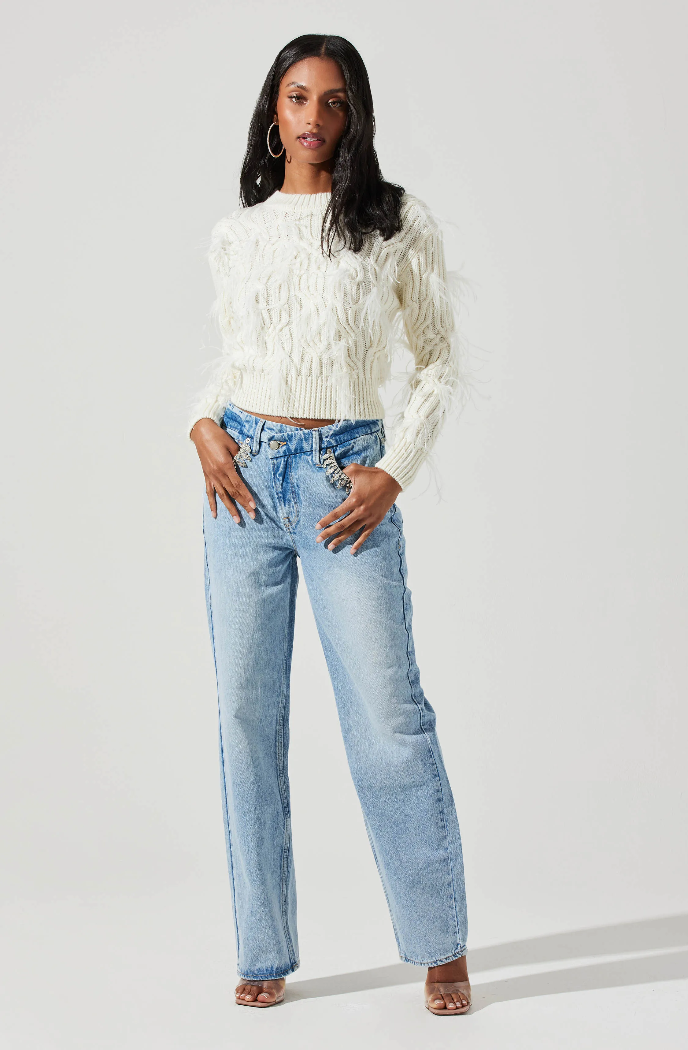 Almeida Feather Embellished Cable Knit Sweater