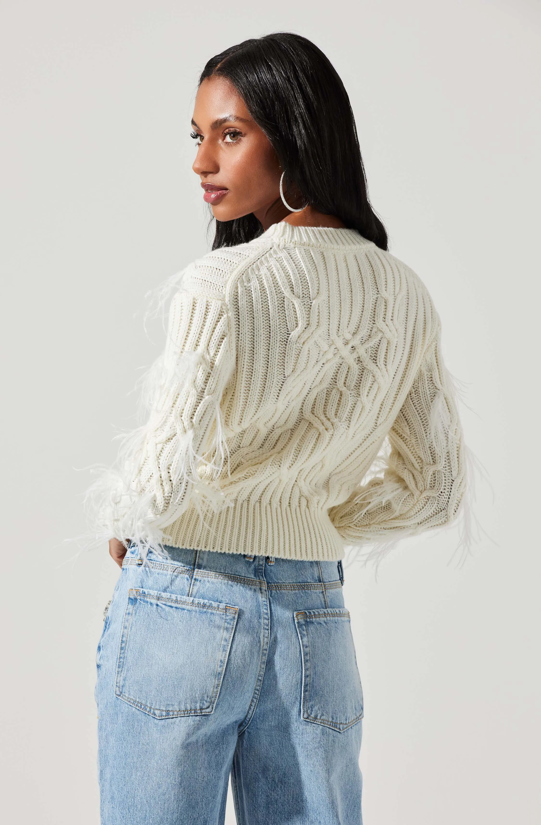 Almeida Feather Embellished Cable Knit Sweater