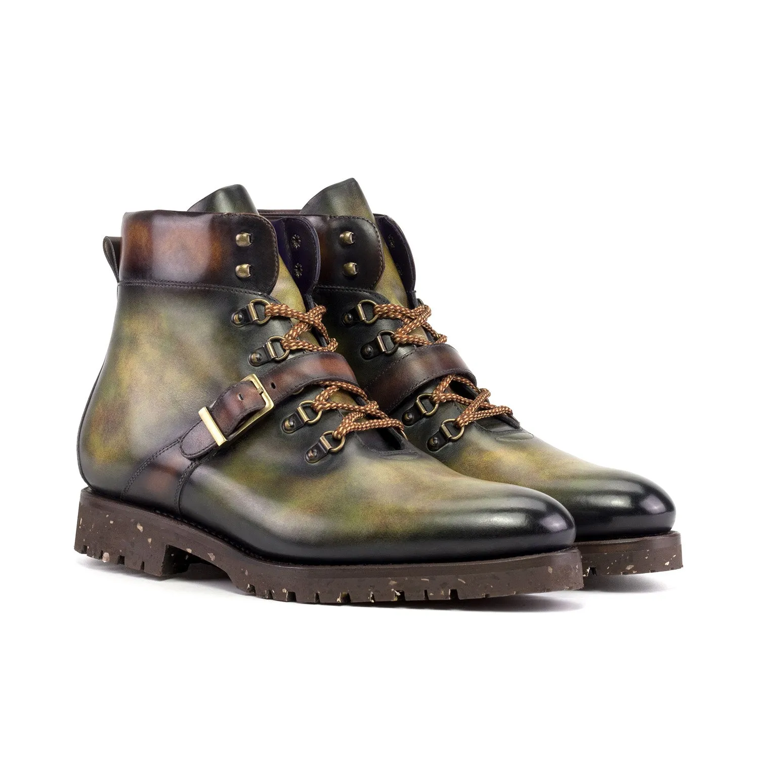 Ambrogio Bespoke Men's Shoes Fire & Green Patina Leather Hiking Boots (AMB2514)