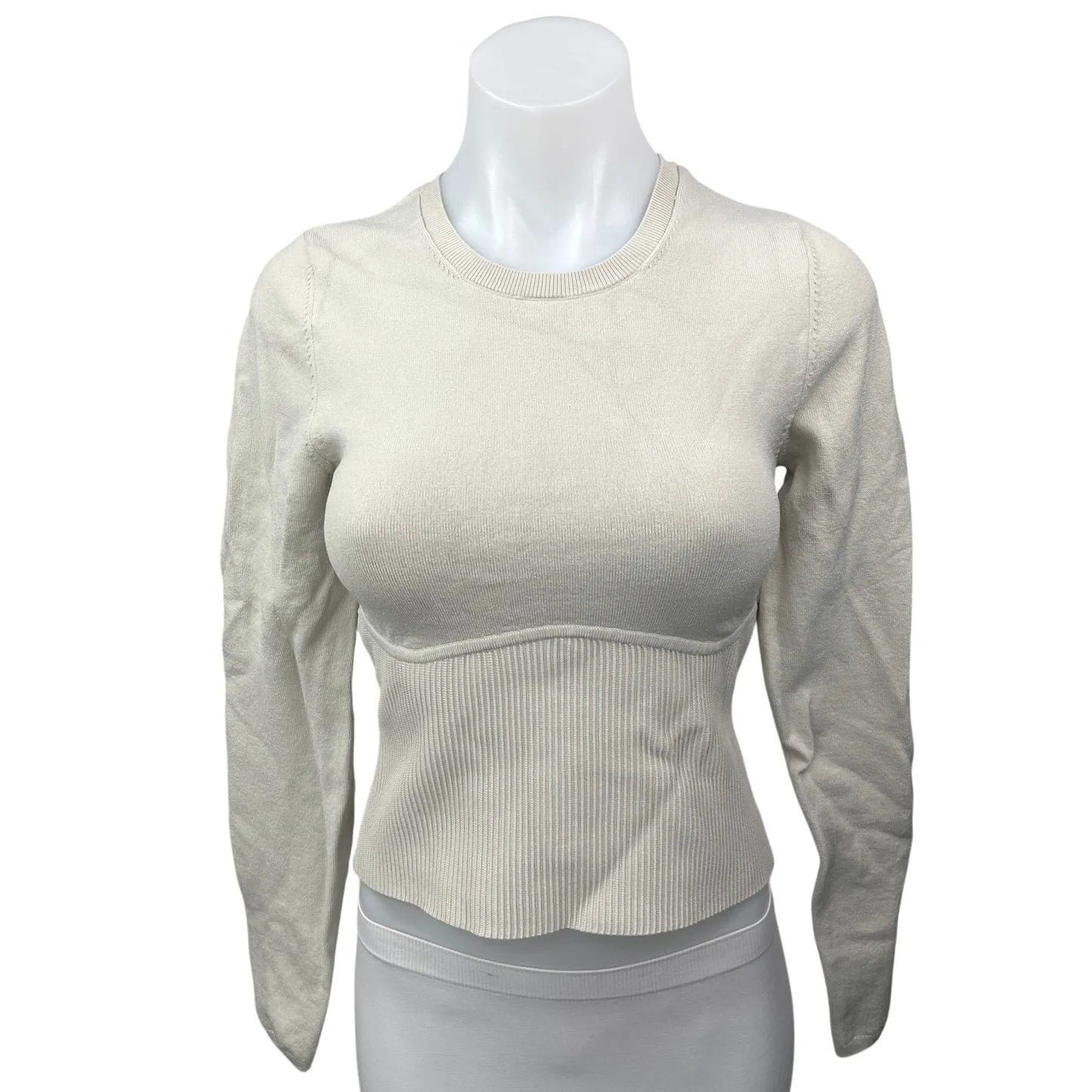 Aritzia Babaton Ivory White Sculpt Ribbed Knit Crew Neck Pullover Sweater Top M