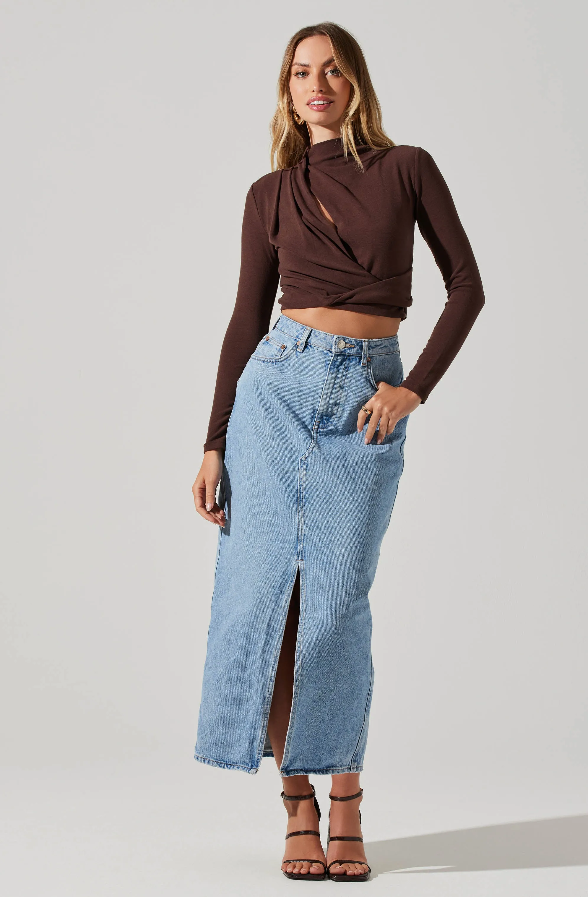 Asymmetrical Pleated Cutout Mock Neck Top