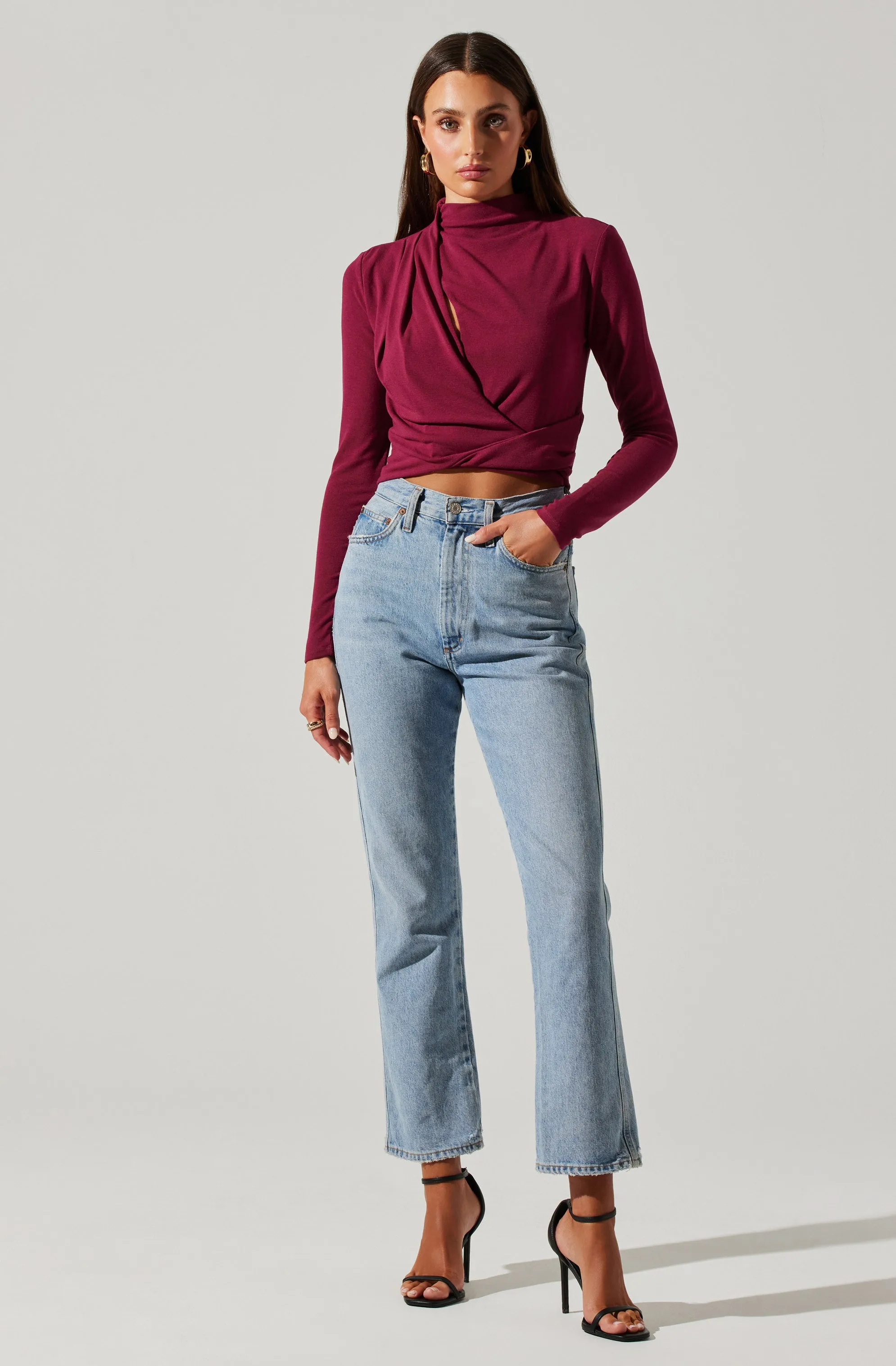 Asymmetrical Pleated Cutout Mock Neck Top