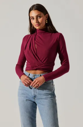 Asymmetrical Pleated Cutout Mock Neck Top