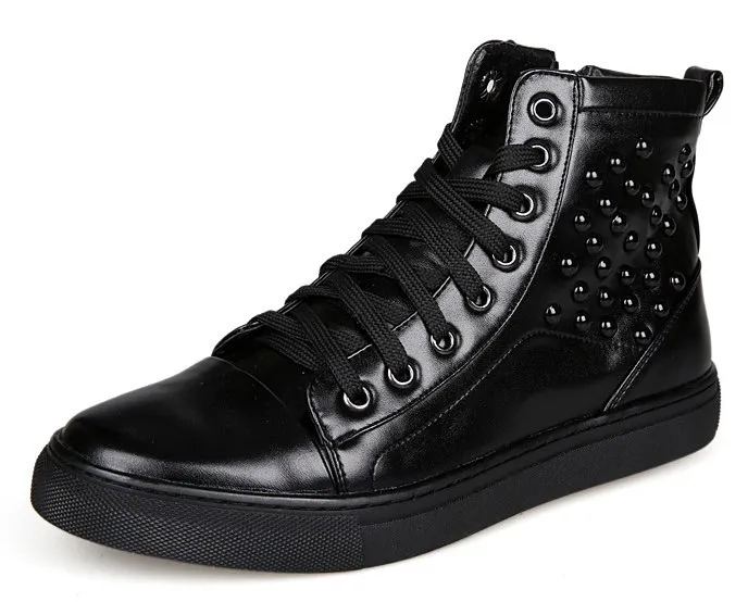 Black Patent Studs High Top Lace Up Punk Rock Sneakers Mens Shoes