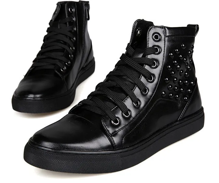 Black Patent Studs High Top Lace Up Punk Rock Sneakers Mens Shoes