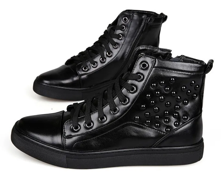 Black Patent Studs High Top Lace Up Punk Rock Sneakers Mens Shoes