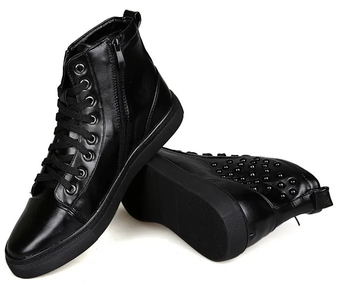 Black Patent Studs High Top Lace Up Punk Rock Sneakers Mens Shoes