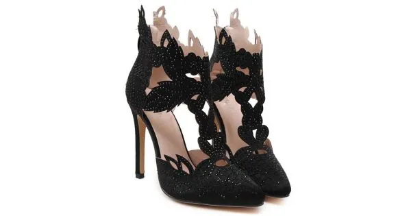 Black Satin Flowers Leaves Rhinestones Point Head Bridal Evening High Stiletto Heels Shoes