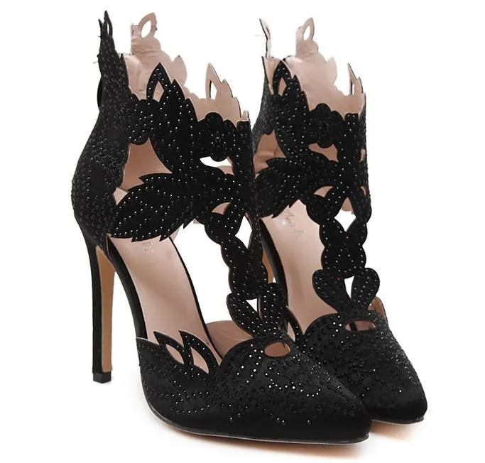 Black Satin Flowers Leaves Rhinestones Point Head Bridal Evening High Stiletto Heels Shoes