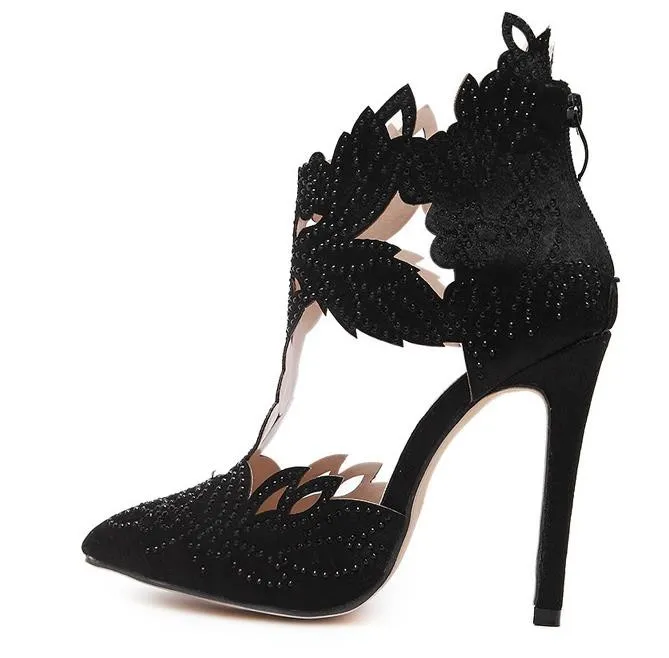 Black Satin Flowers Leaves Rhinestones Point Head Bridal Evening High Stiletto Heels Shoes