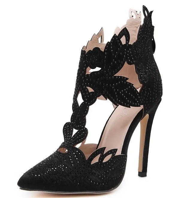 Black Satin Flowers Leaves Rhinestones Point Head Bridal Evening High Stiletto Heels Shoes