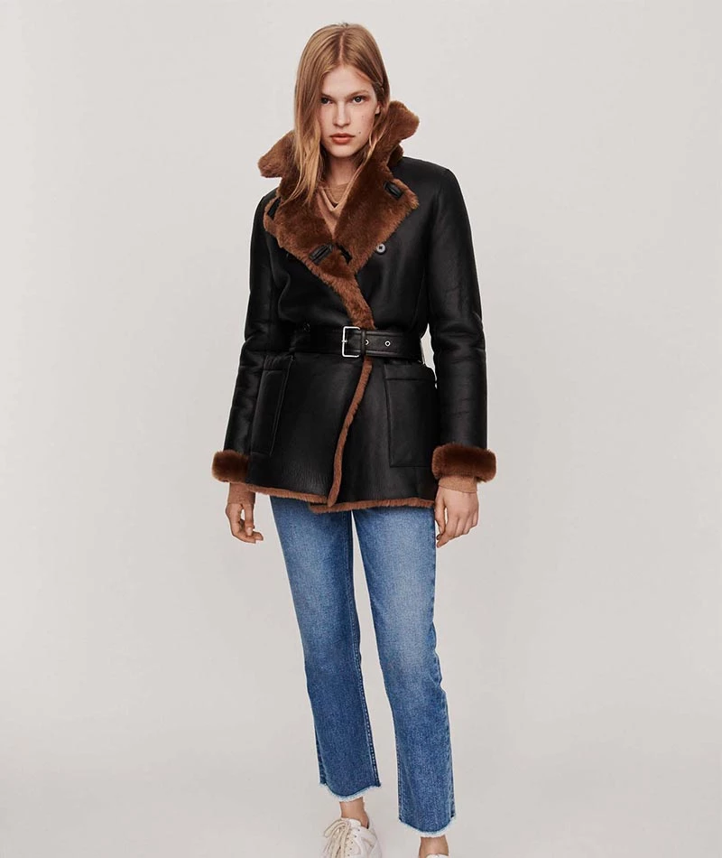 Black Women's Winter Leather Jacket with Shearling Lining