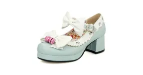 Blue White Strawberry Bells Bow Lace Trim Lolita Sweet Mary Jane Heels Shoes