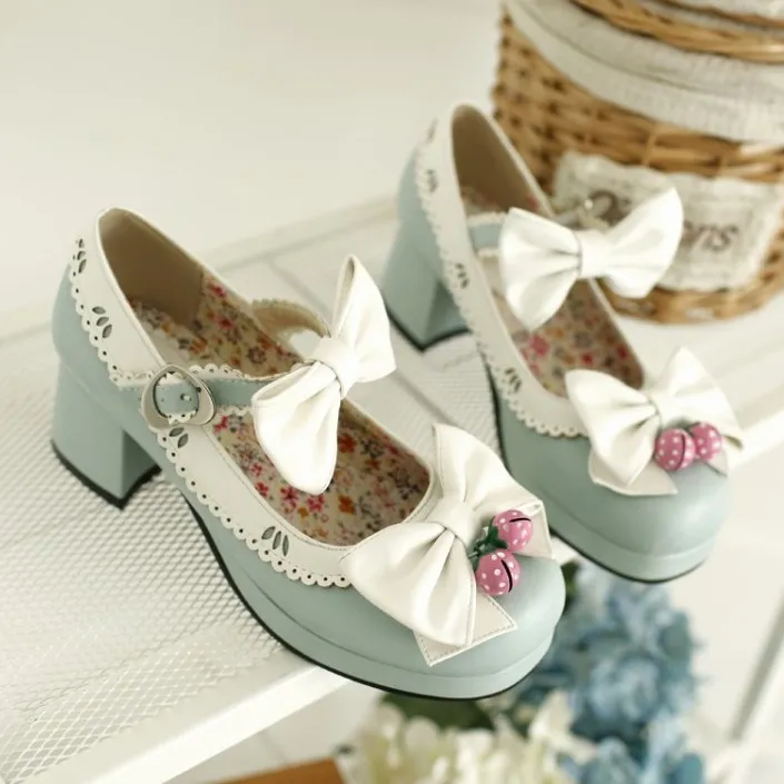 Blue White Strawberry Bells Bow Lace Trim Lolita Sweet Mary Jane Heels Shoes