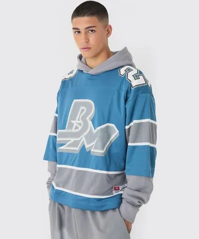 boohooMAN Mens Oversized Mesh Layer Hockey Hoodie