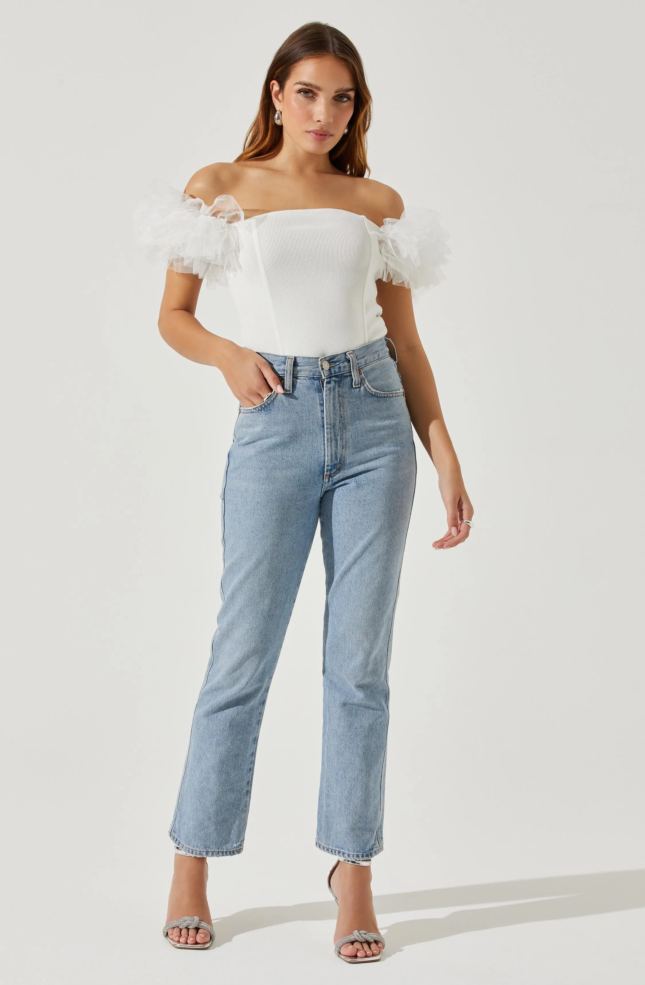 Calla Off Shoulder Tulle Sleeve Sweater