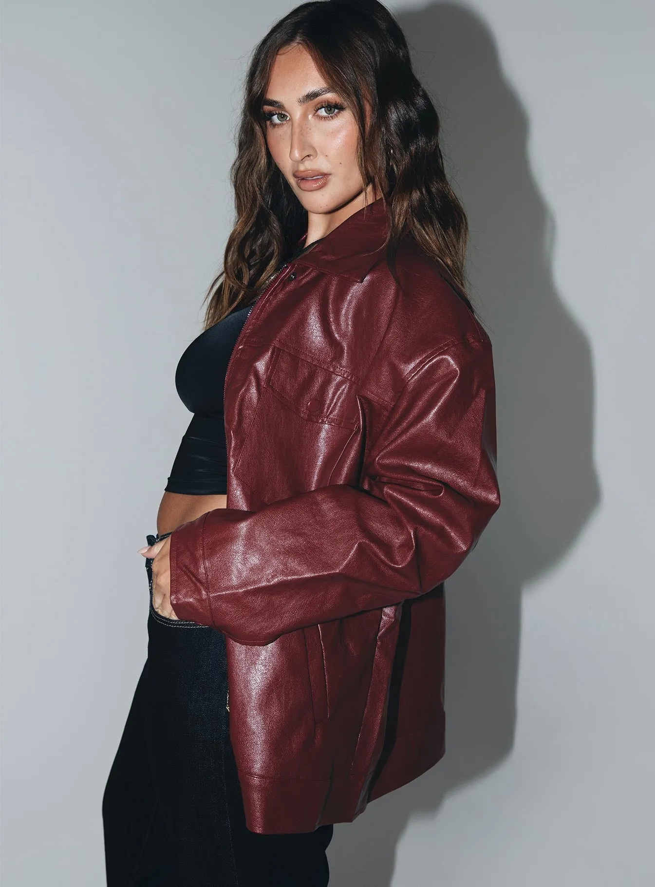 Callie Faux Leather Jacket Burgundy