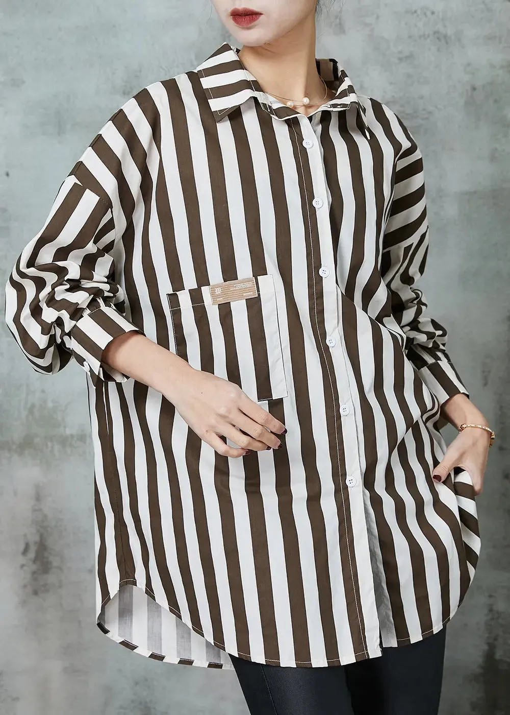 Chic Khaki Oversized Striped Cotton Shirt Tops Spring JK1001