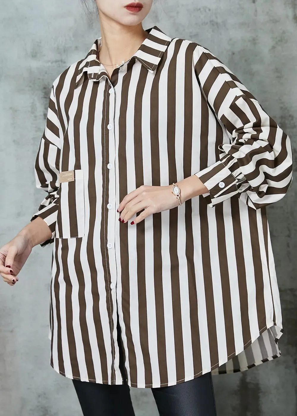 Chic Khaki Oversized Striped Cotton Shirt Tops Spring JK1001