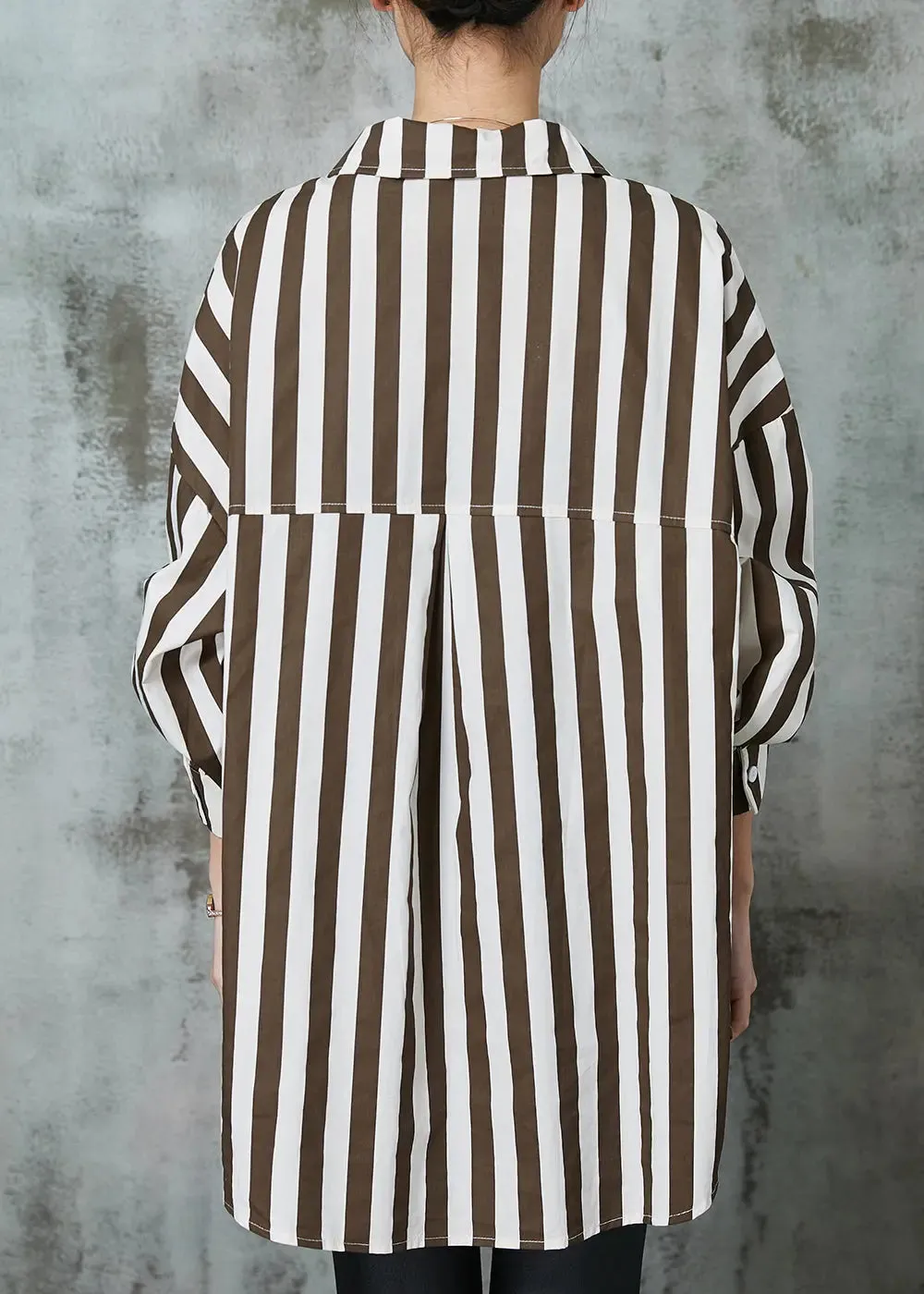 Chic Khaki Oversized Striped Cotton Shirt Tops Spring JK1001