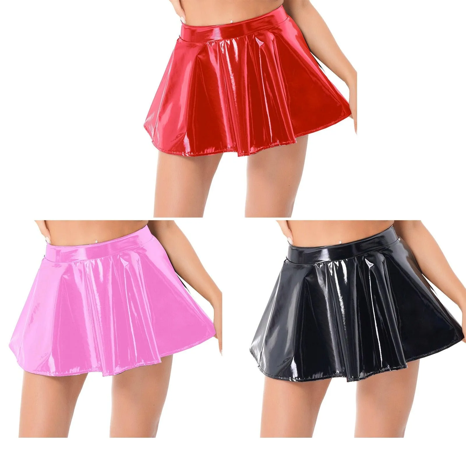 Club Dance Stage Costume Clubwear Patent Leather Flared Mini Skirt