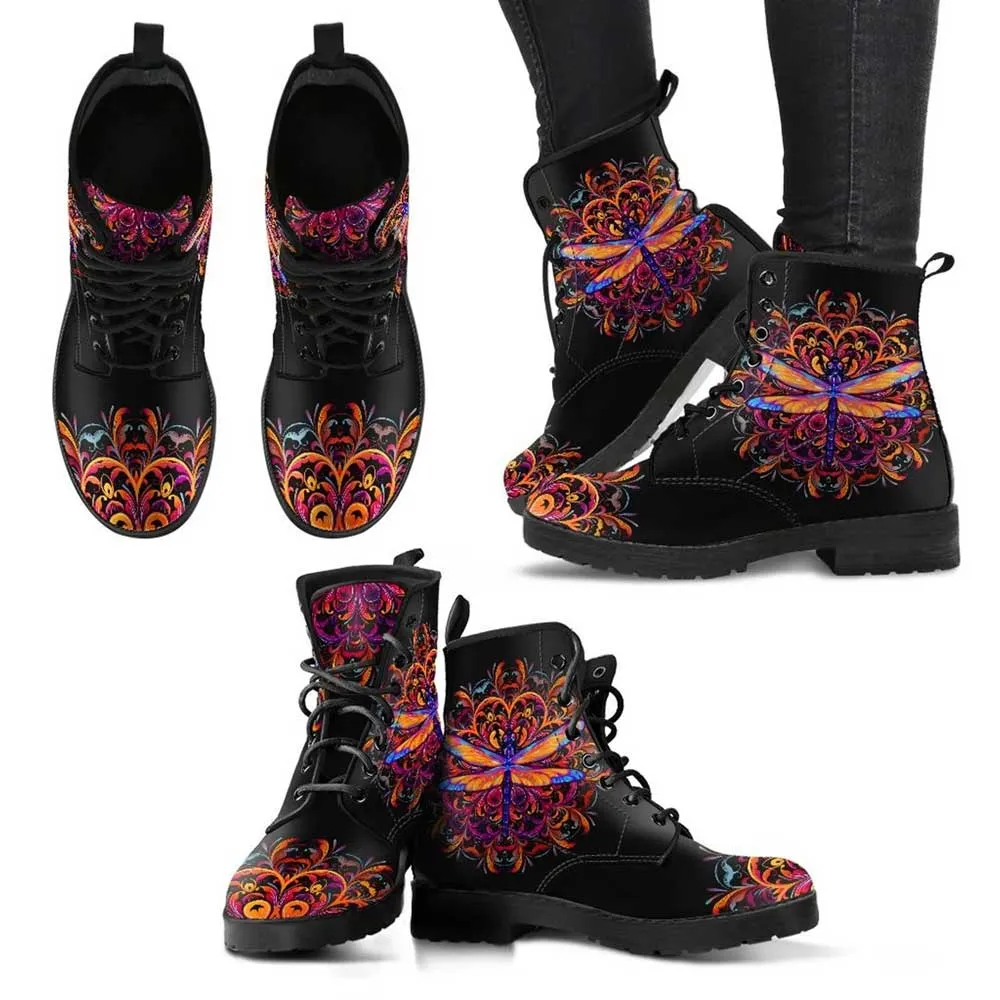 Colorful Dragonfly Women Boots Fashion Vegan Leather Casual Bohemian Cowgirl Boots