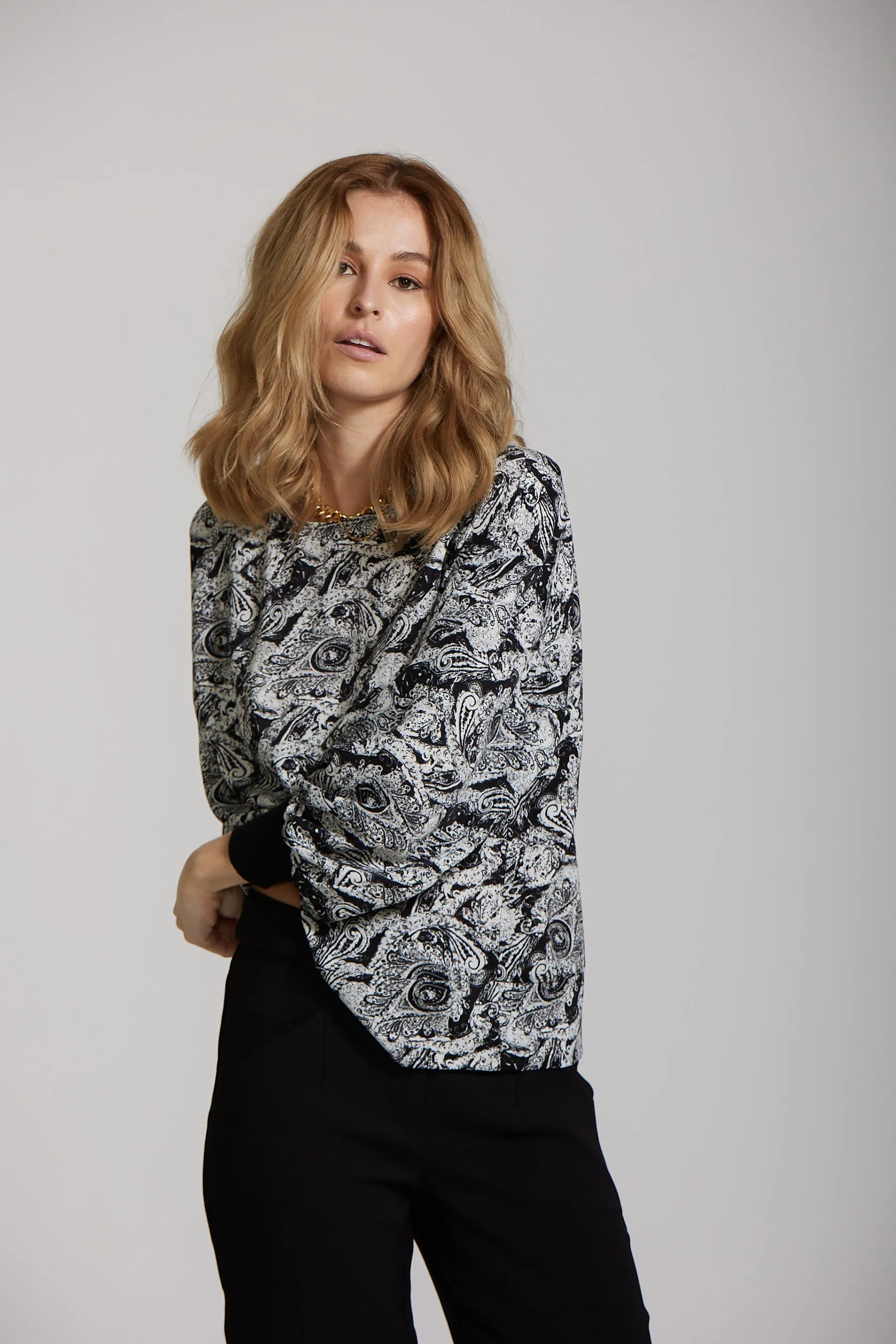 Cuff Sleeve Top - Black Paisley print