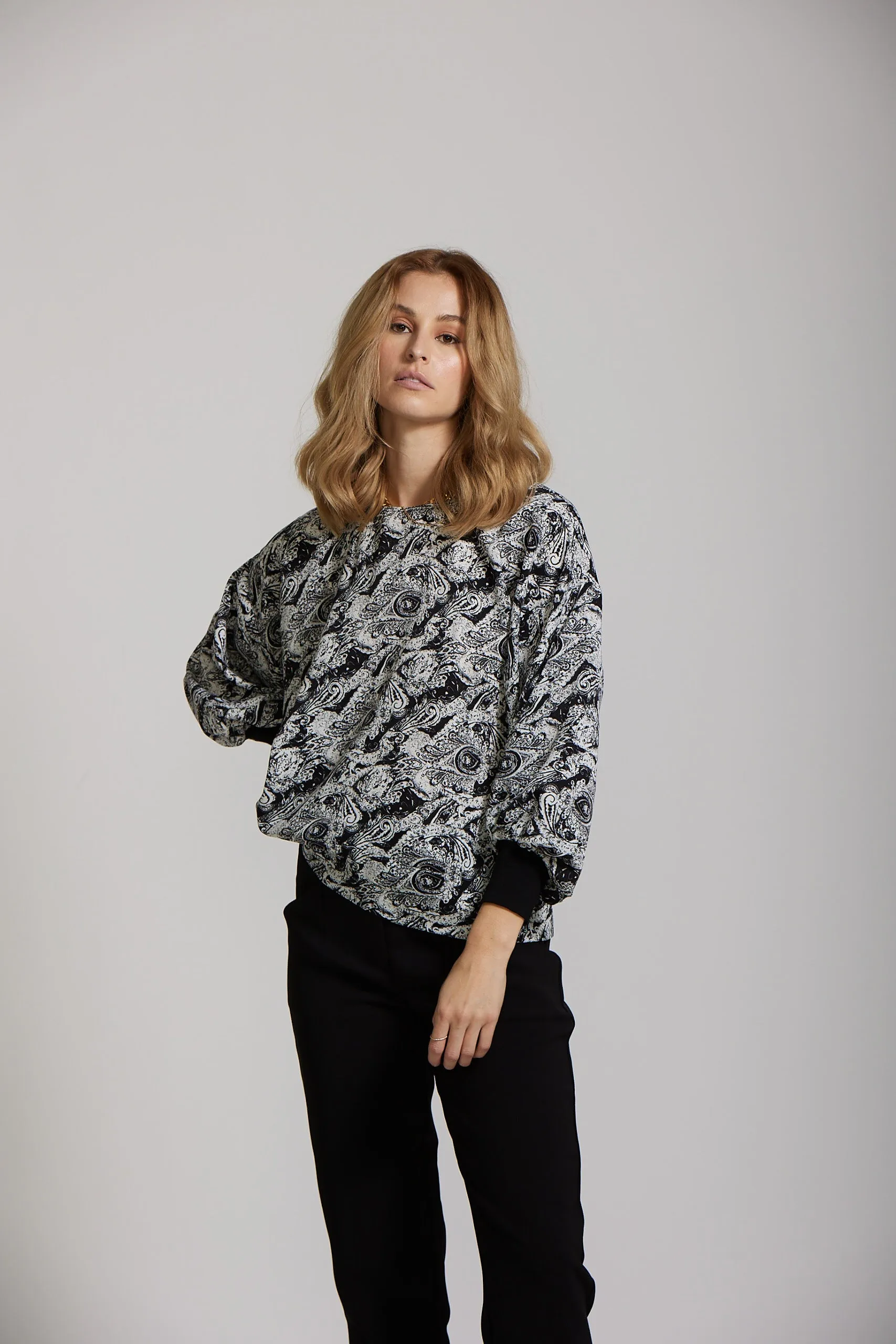 Cuff Sleeve Top - Black Paisley print