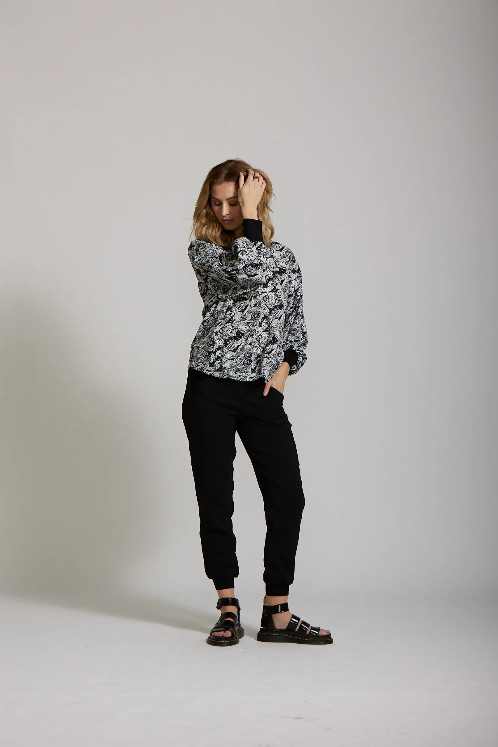 Cuff Sleeve Top - Black Paisley print