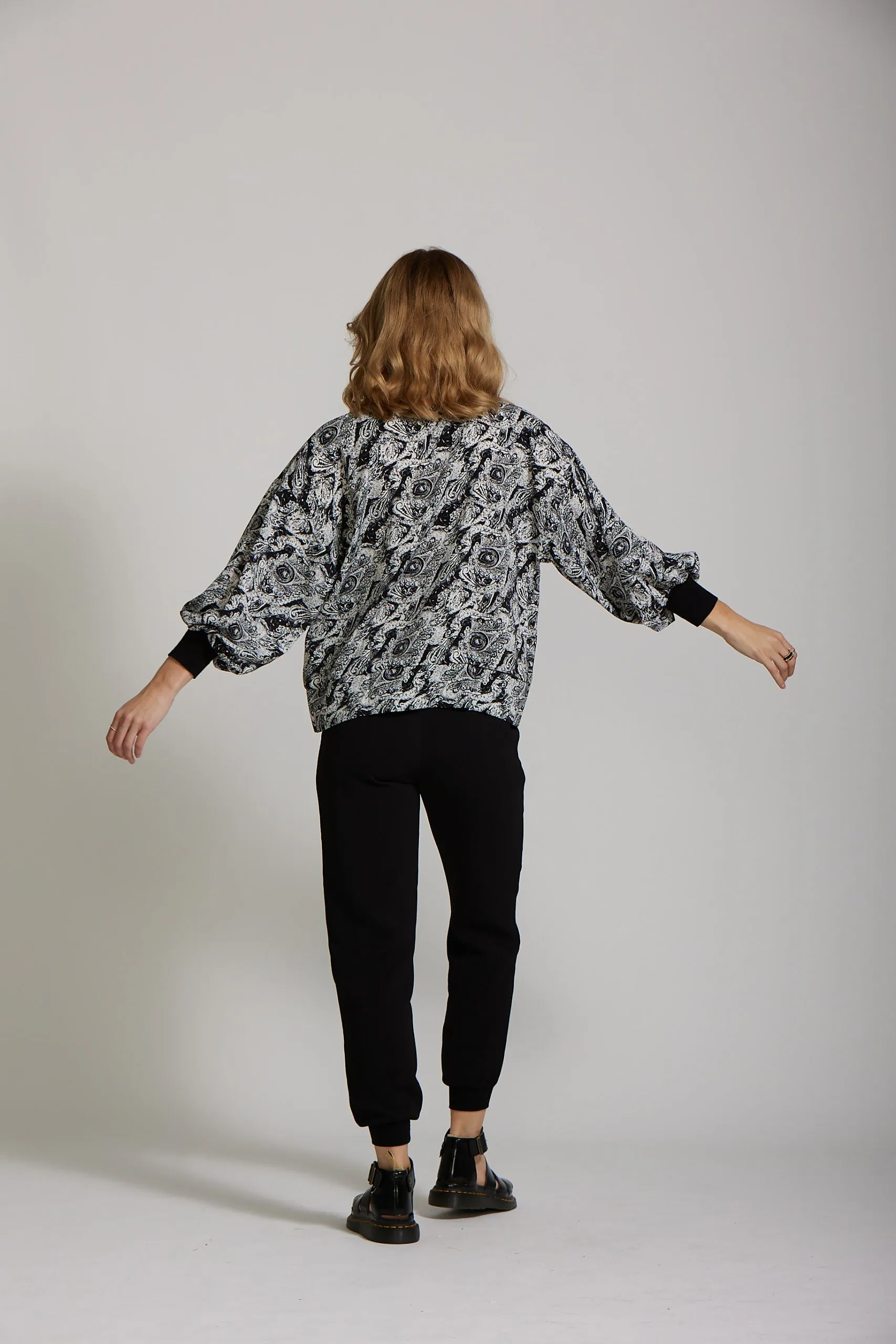 Cuff Sleeve Top - Black Paisley print