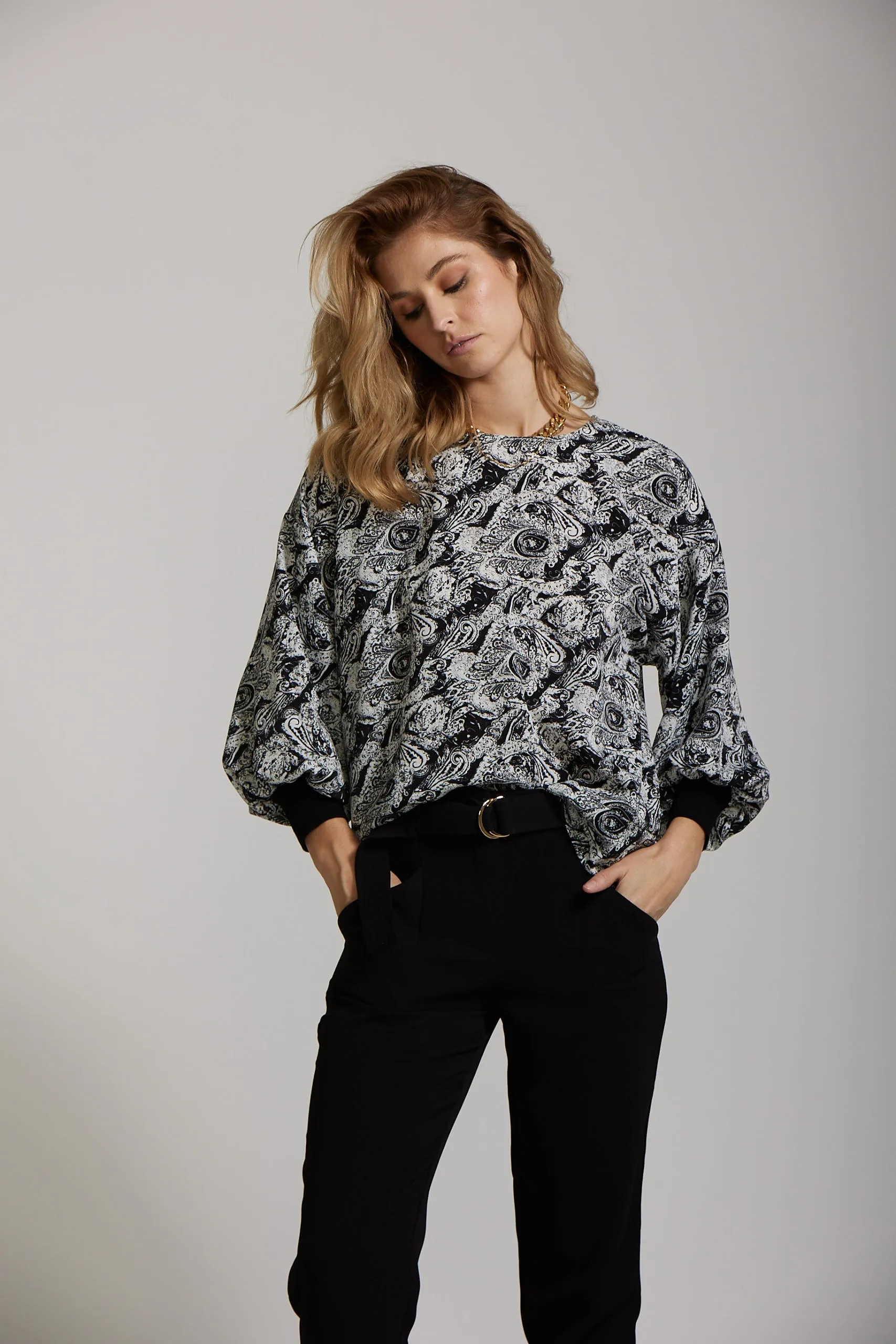 Cuff Sleeve Top - Black Paisley print