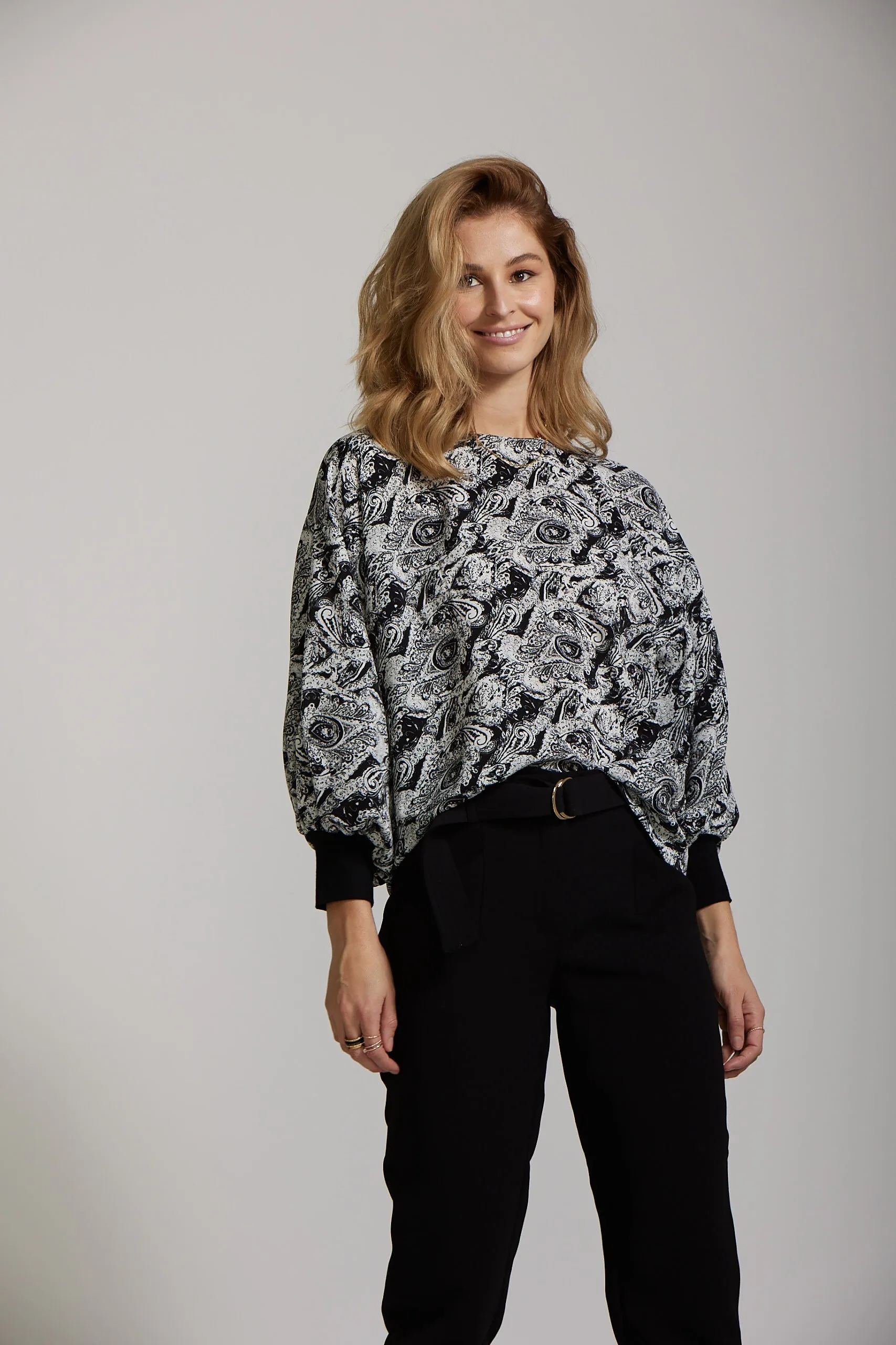 Cuff Sleeve Top - Black Paisley print