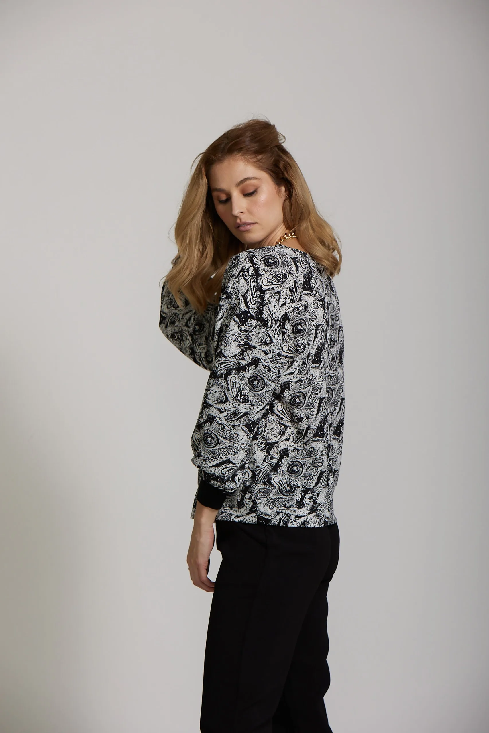 Cuff Sleeve Top - Black Paisley print