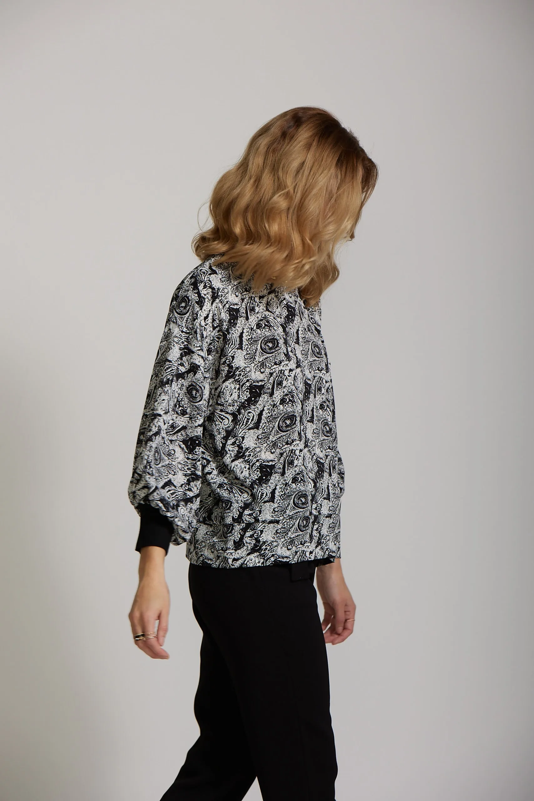 Cuff Sleeve Top - Black Paisley print