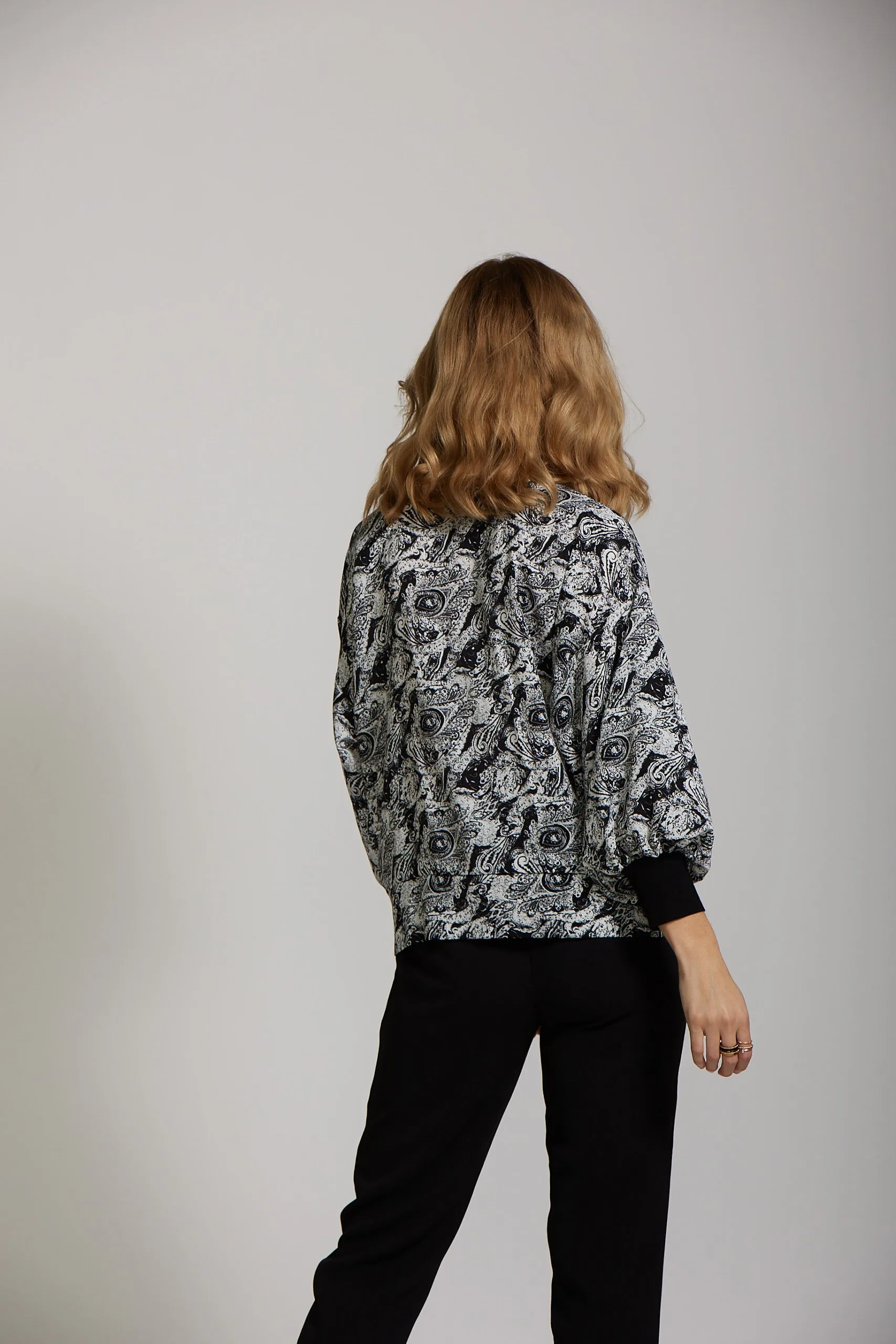 Cuff Sleeve Top - Black Paisley print