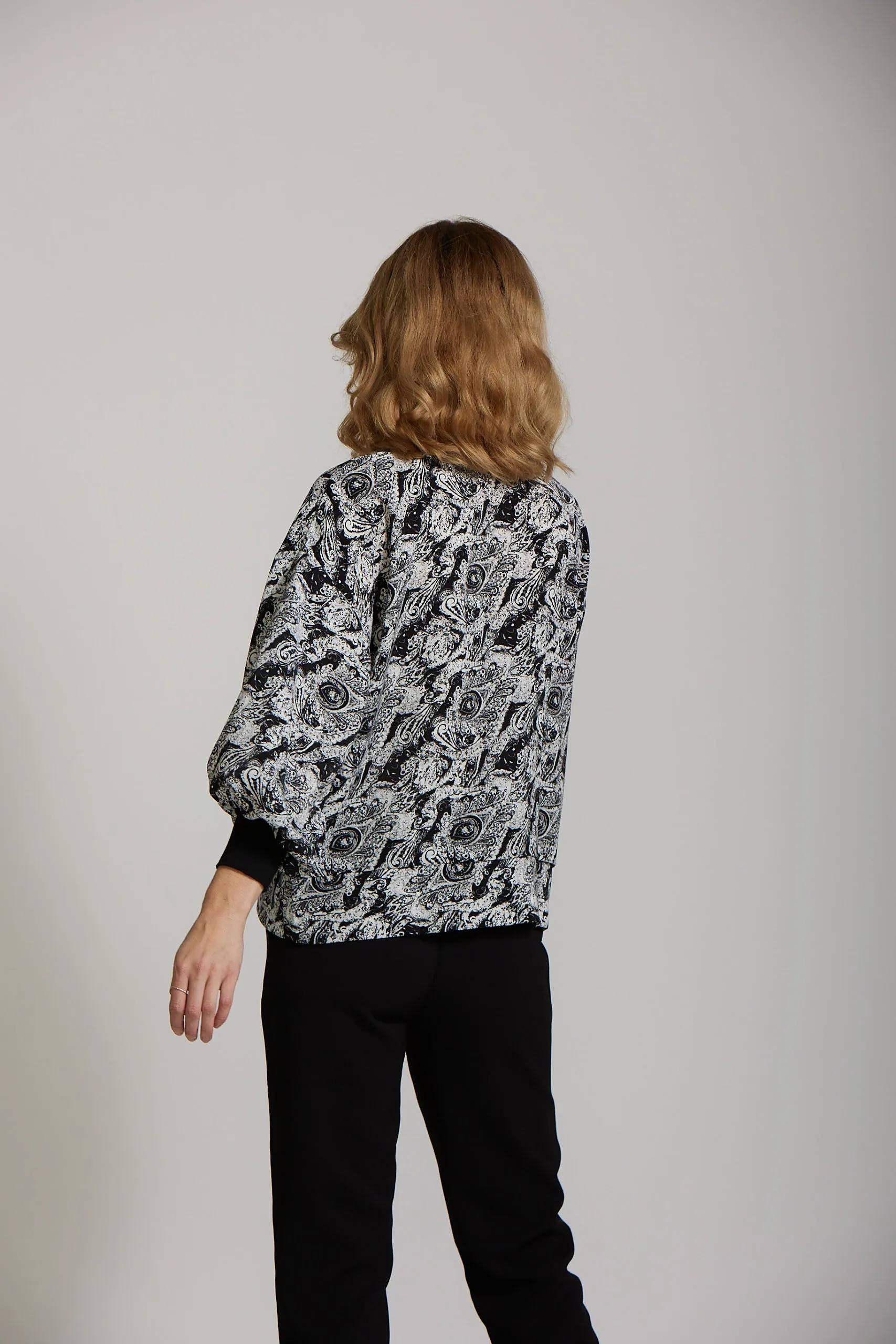 Cuff Sleeve Top - Black Paisley print