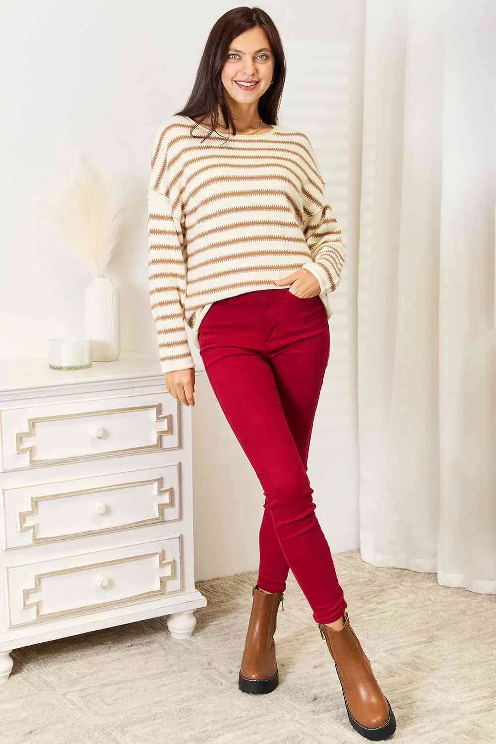 Double Take Striped Boat Neck Sweater