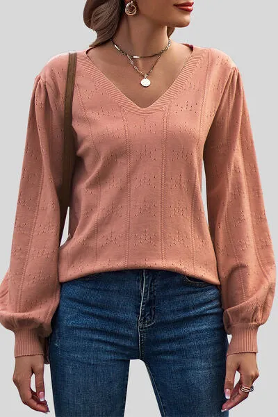 Eyelet V-Neck Lantern Sleeve Sweater