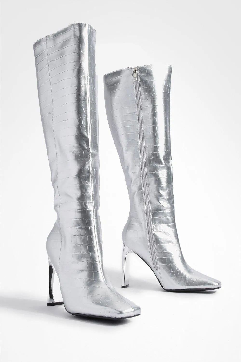 Flat Heel Metallic Croc Knee High Boots