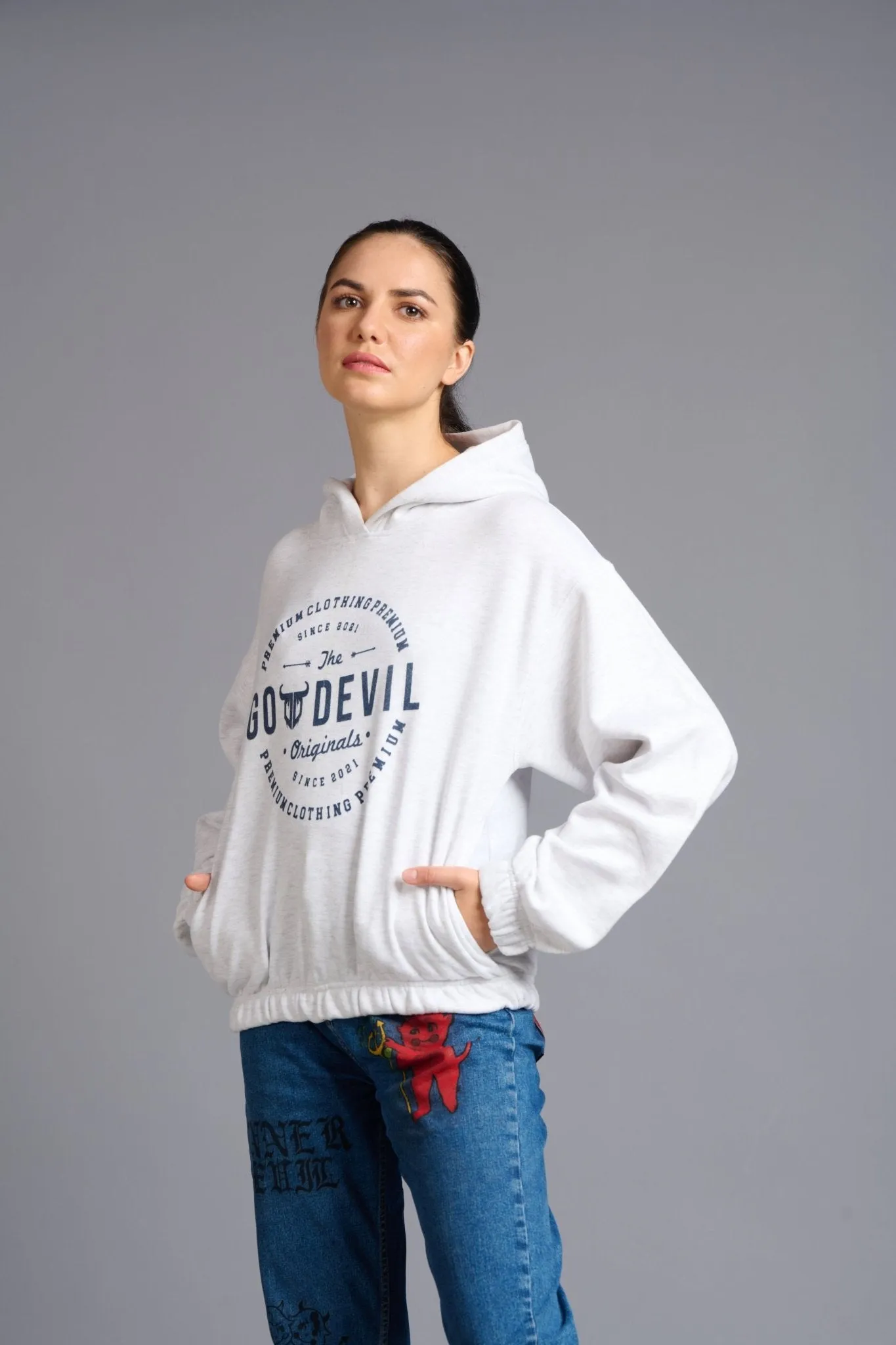 Go Devil Originals Printed Grey Hoodie for Women