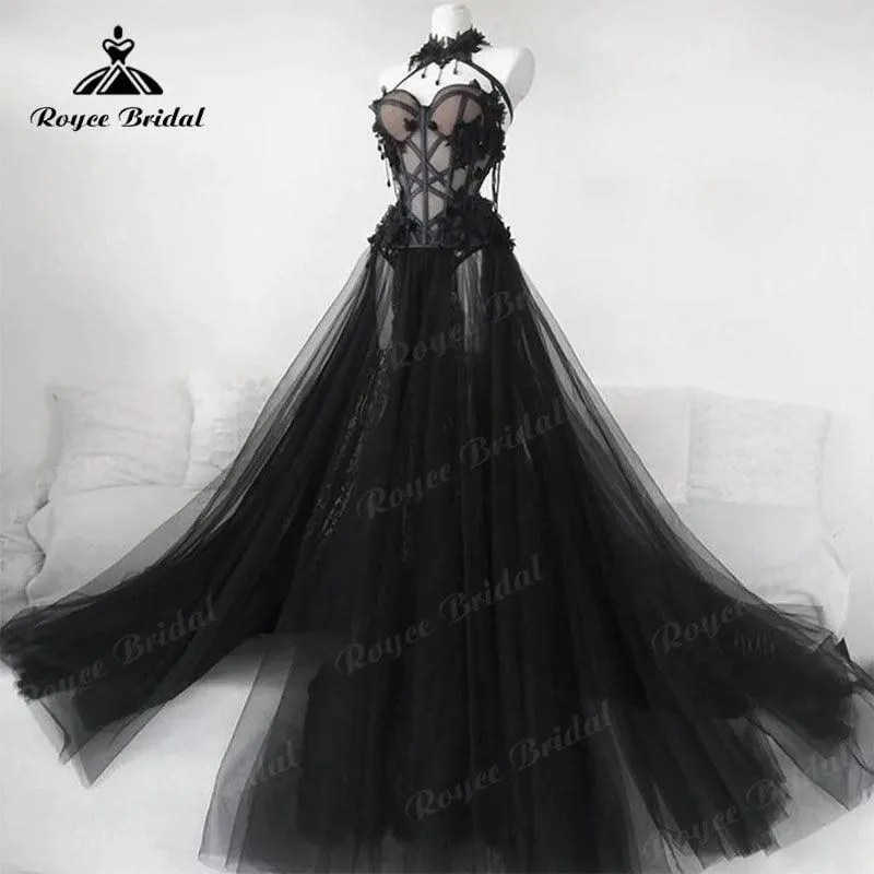 Gothic Black Long Bridal Gown