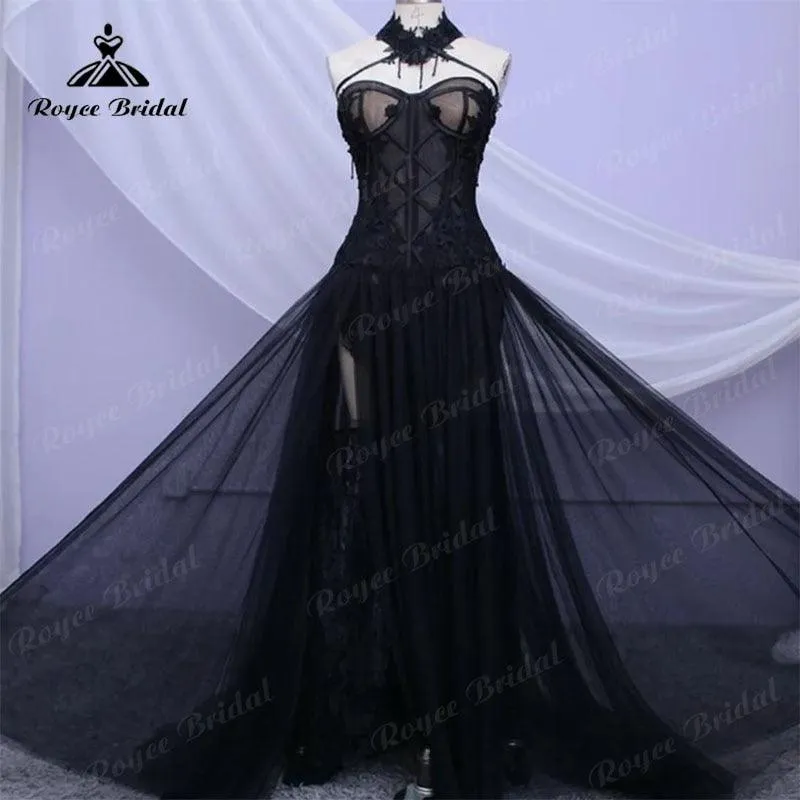 Gothic Black Long Bridal Gown