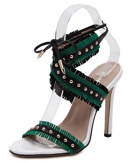 Green Blue White Studs Cross Straps Fringes Bohemian High Stiletto Heels Sandals Shoes